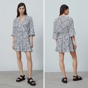 ZARA Women's Printed Cheetah Animal Print Overlap V-Neck Mini Dress Size S
